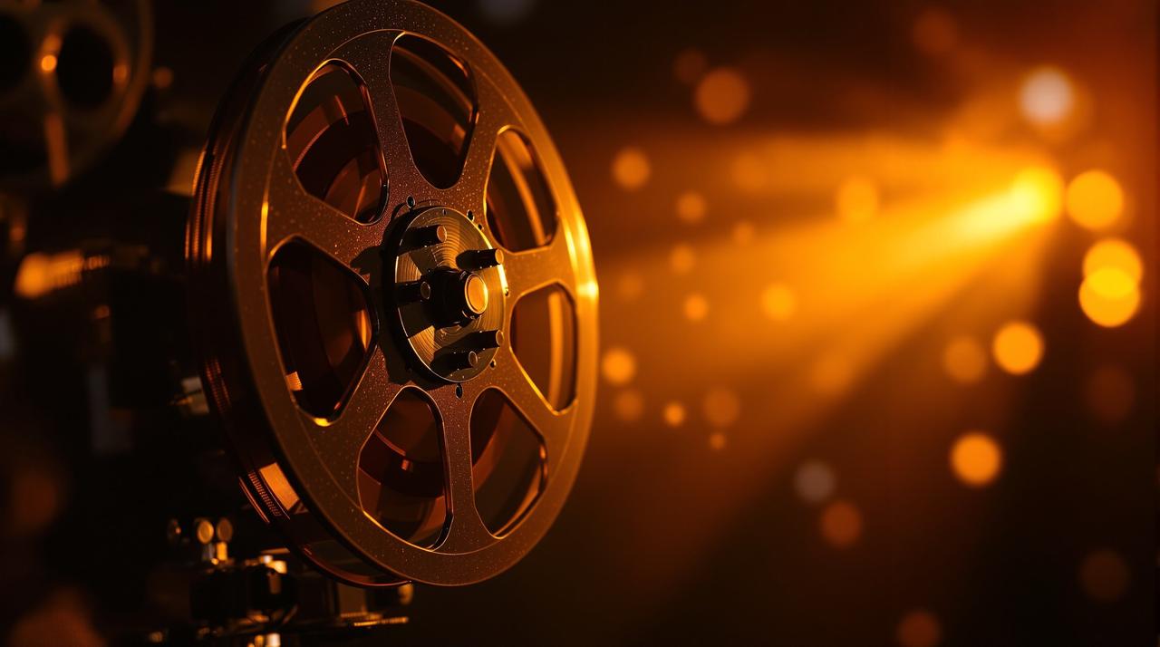 玖月影视 - 经典影视作品放映室,怀旧老电影放映机投射温暖光芒